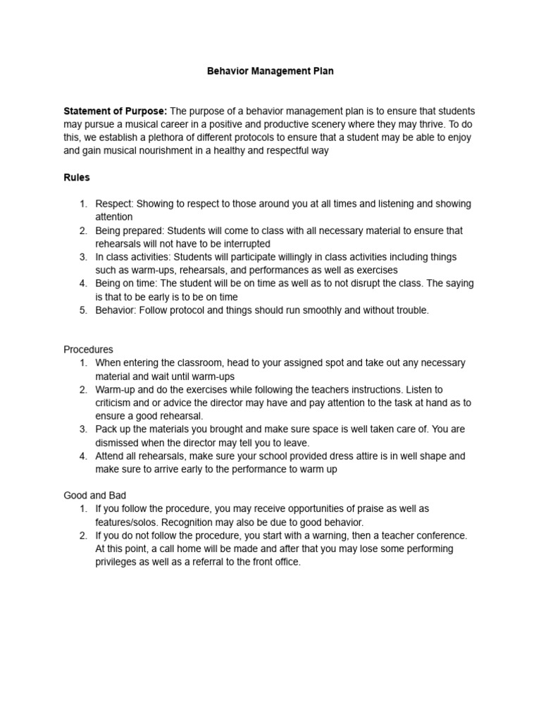 Behavior Management Plan for Music Class | PDF