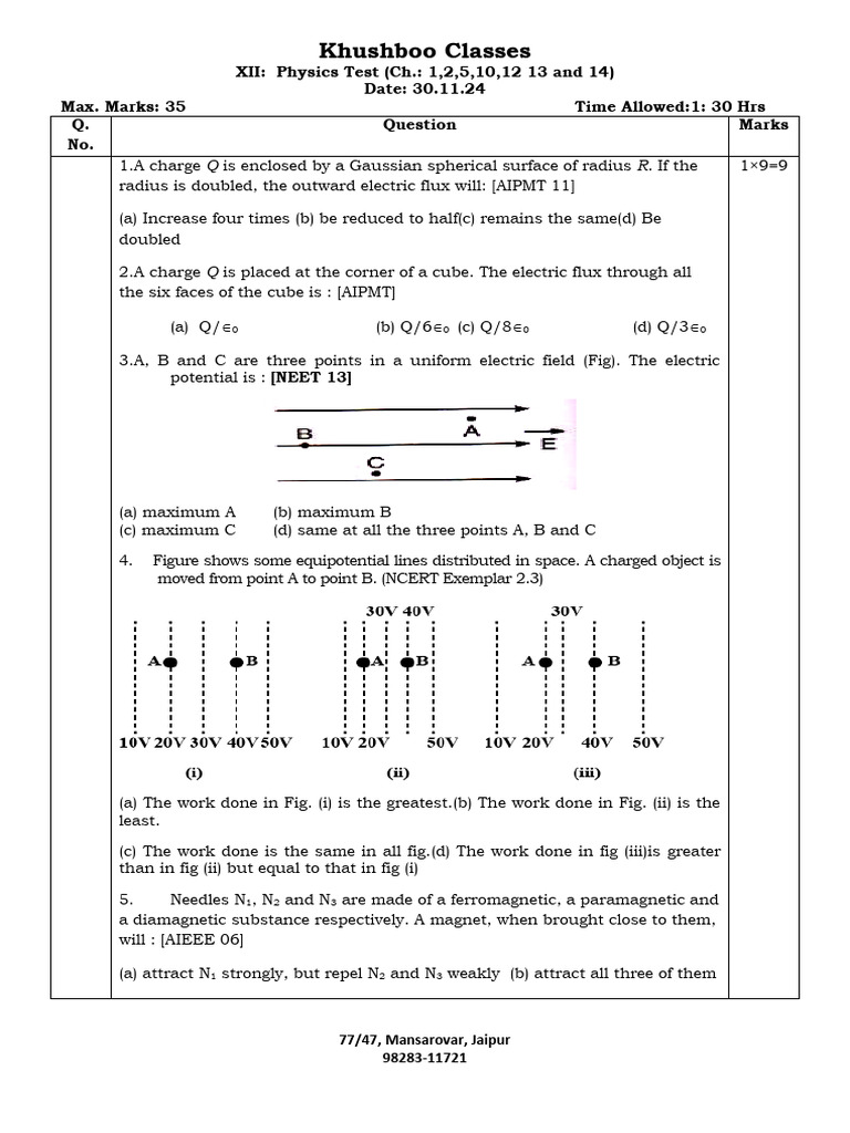 Physics Test for Class XII - Topics 1-14 | PDF | Diffraction | Atoms