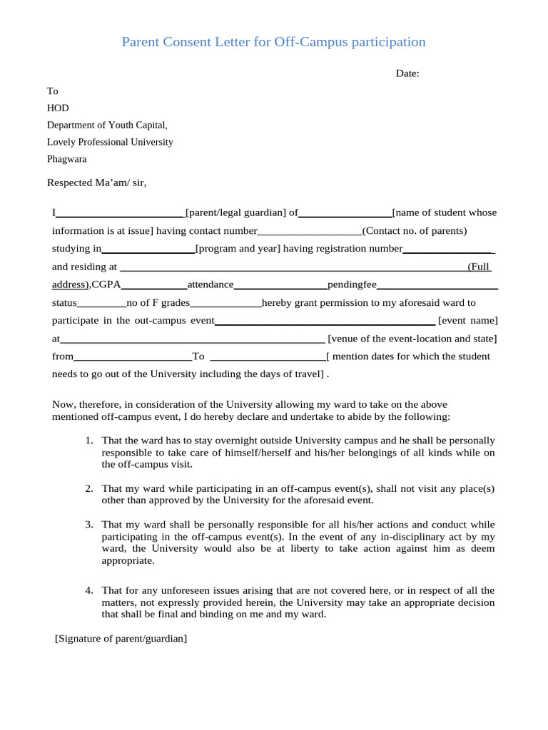 Parent Consent Letter & Application Letter - Out Campus Final | PDF ...