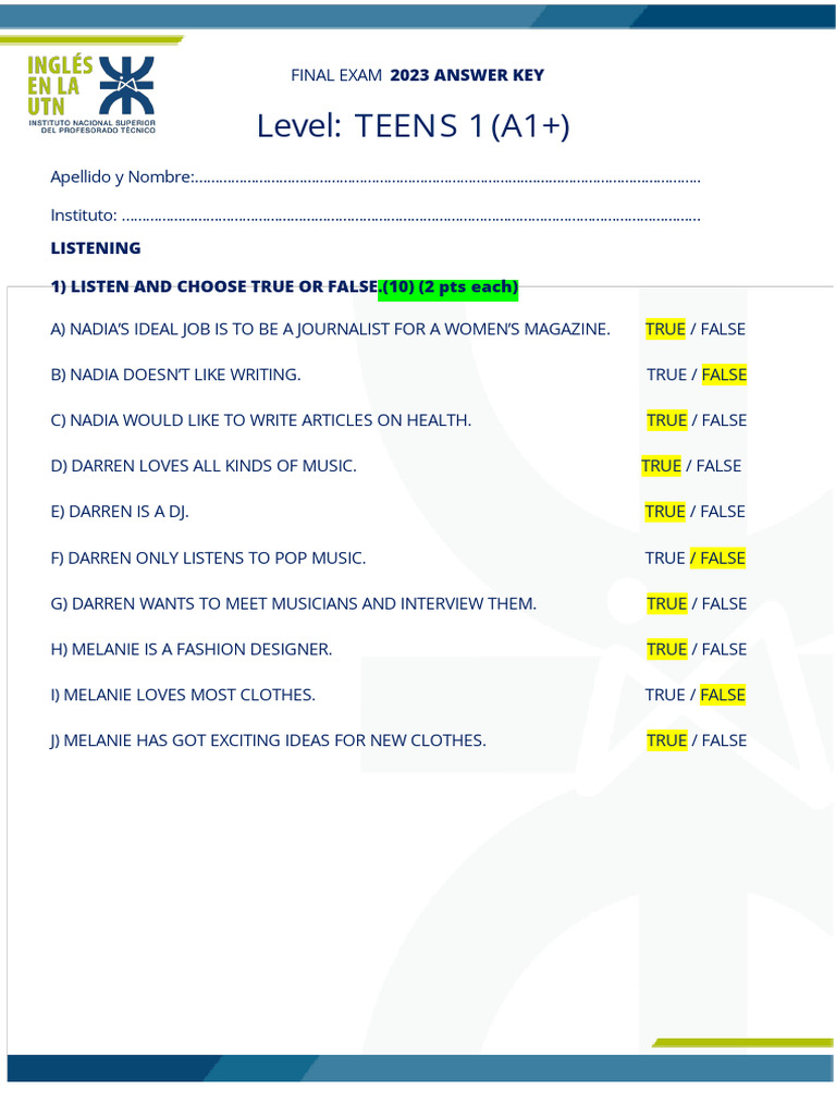 Teens 1 - Final Exam 2023 Answer Key | PDF | Pizza | Lunch