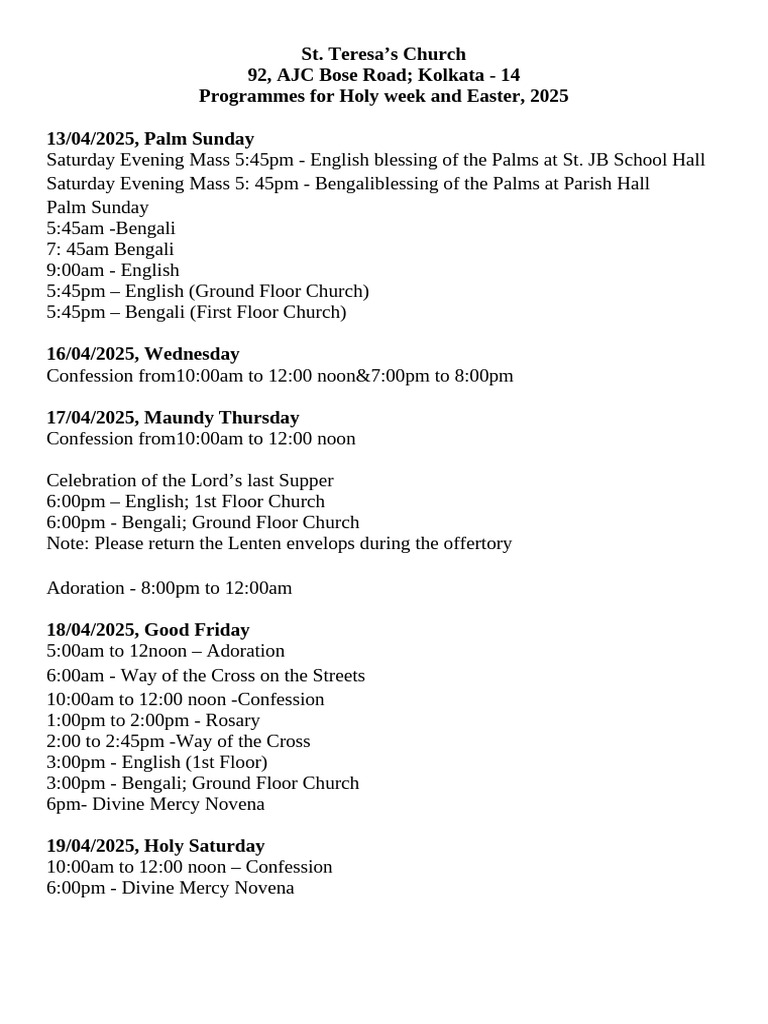 Holy Week & Easter Schedule 2025 | PDF