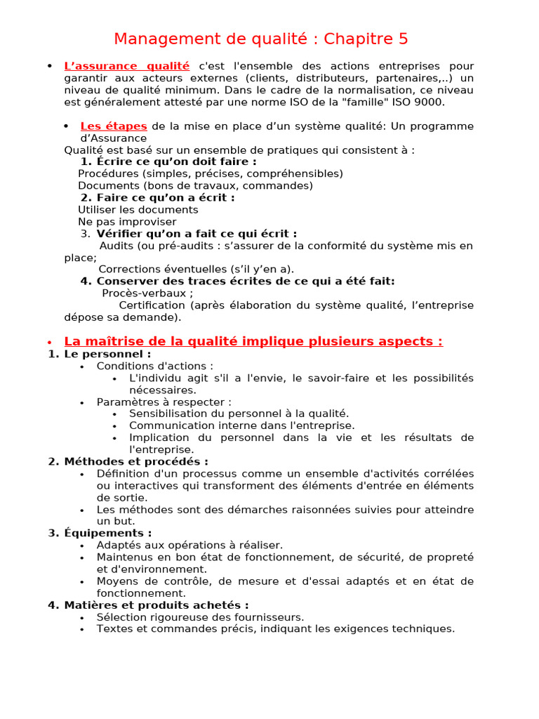 Assurance qualité : Chapitre 5 ISO 9001 | PDF | Management de la ...