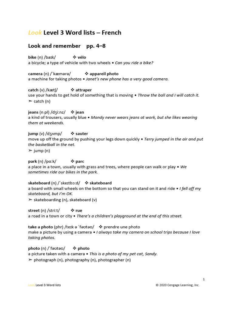 Look Level 3 Word List French | PDF