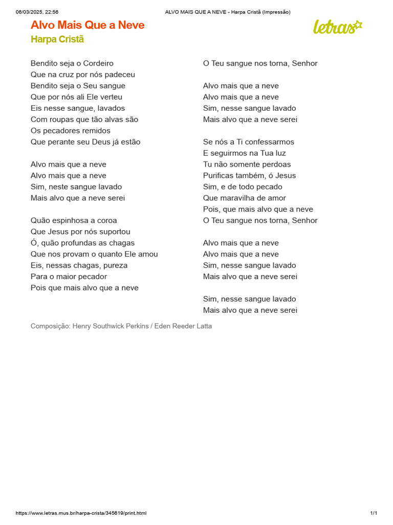 Alvo Mais Que a Neve - Letra da Harpa | PDF