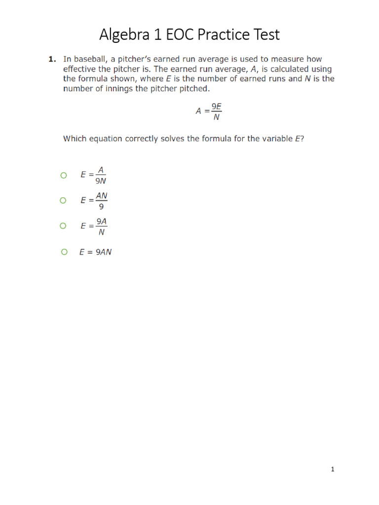 Algebra 1 EOC Practice Test Guide | PDF