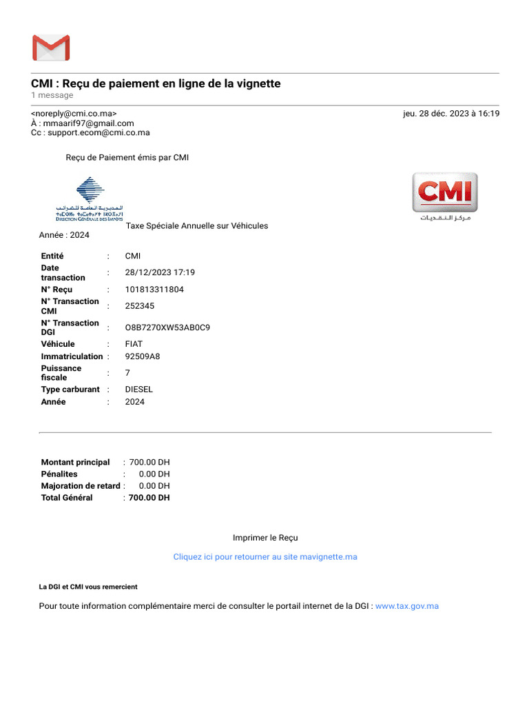 Reçu de paiement vignette 2024 CMI | PDF