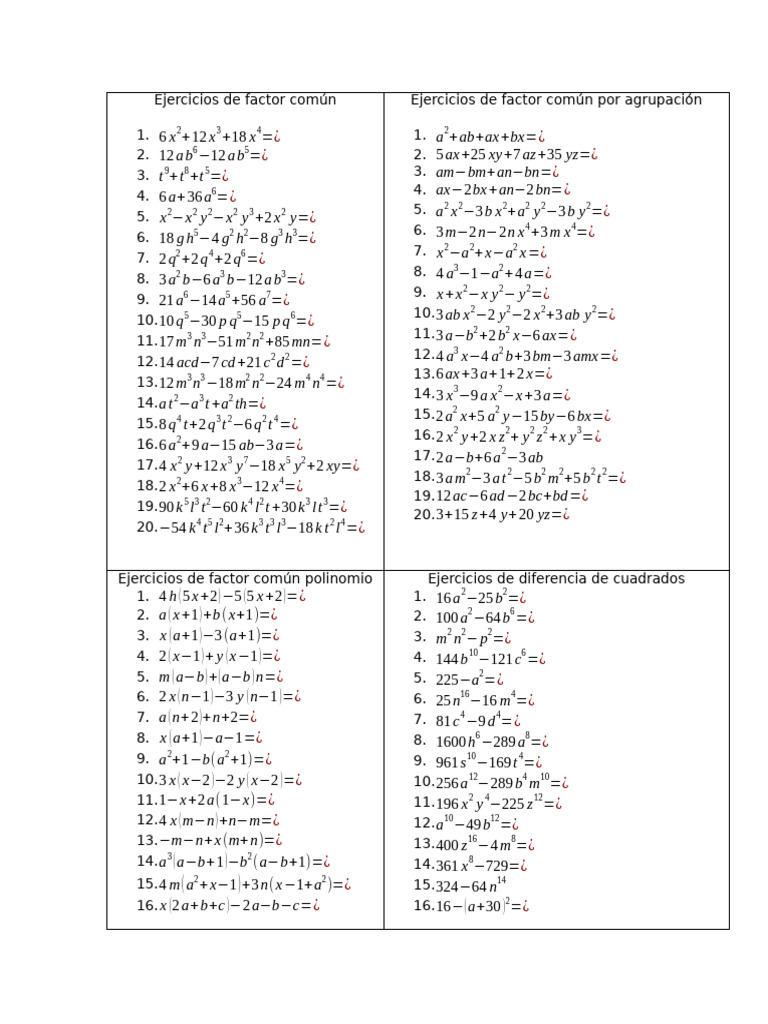 Ejercicios de Factor Común y Polinomios | PDF | Ajedrez | Matemática ...