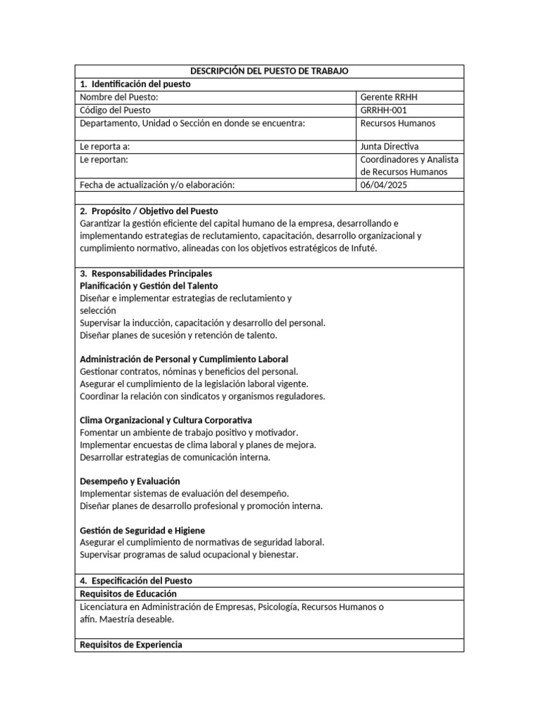 Descripción del Puesto: Gerente RRHH | PDF | Gestión de recursos ...