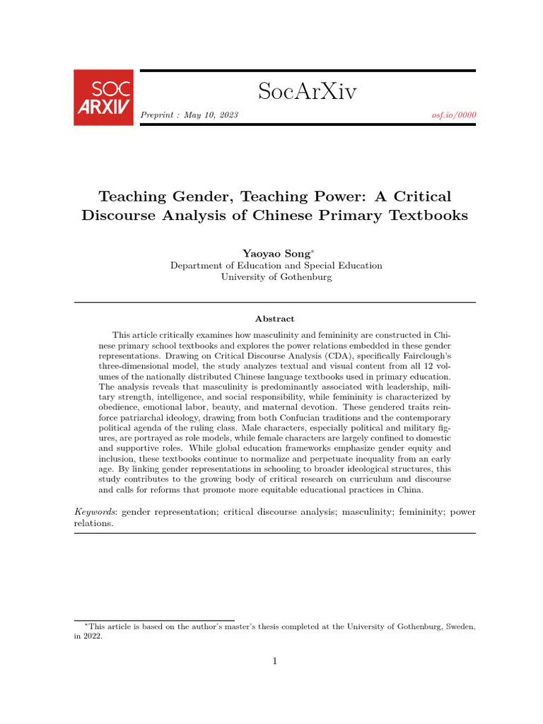 Gender Roles in Chinese Textbooks Analysis | PDF | Gender | Gender Studies