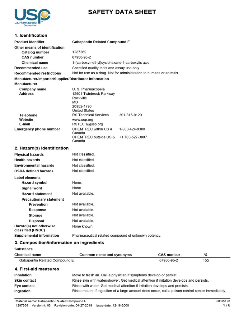 Gabapentin Related Compound E - SDS - 2 | PDF | Dangerous Goods ...