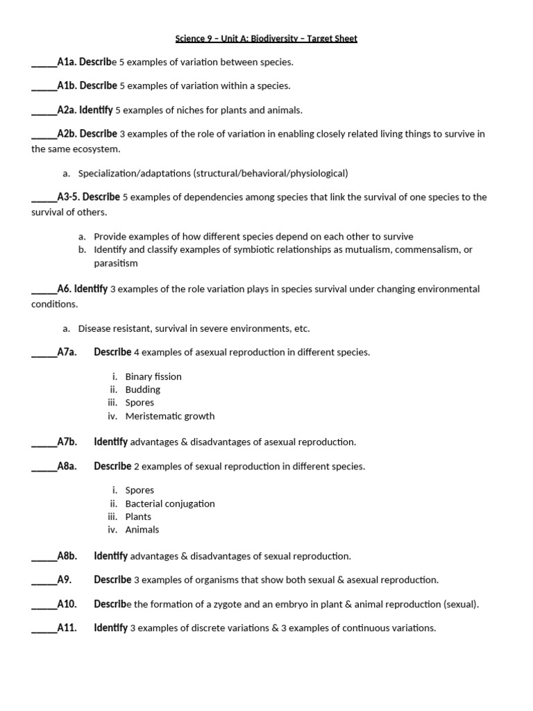 Science 9 Biological Diversity Target Sheet | PDF | Genetics | Ploidy