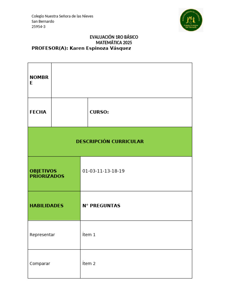 Evaluación (1) Matemática 1ro Básico 2025 | PDF