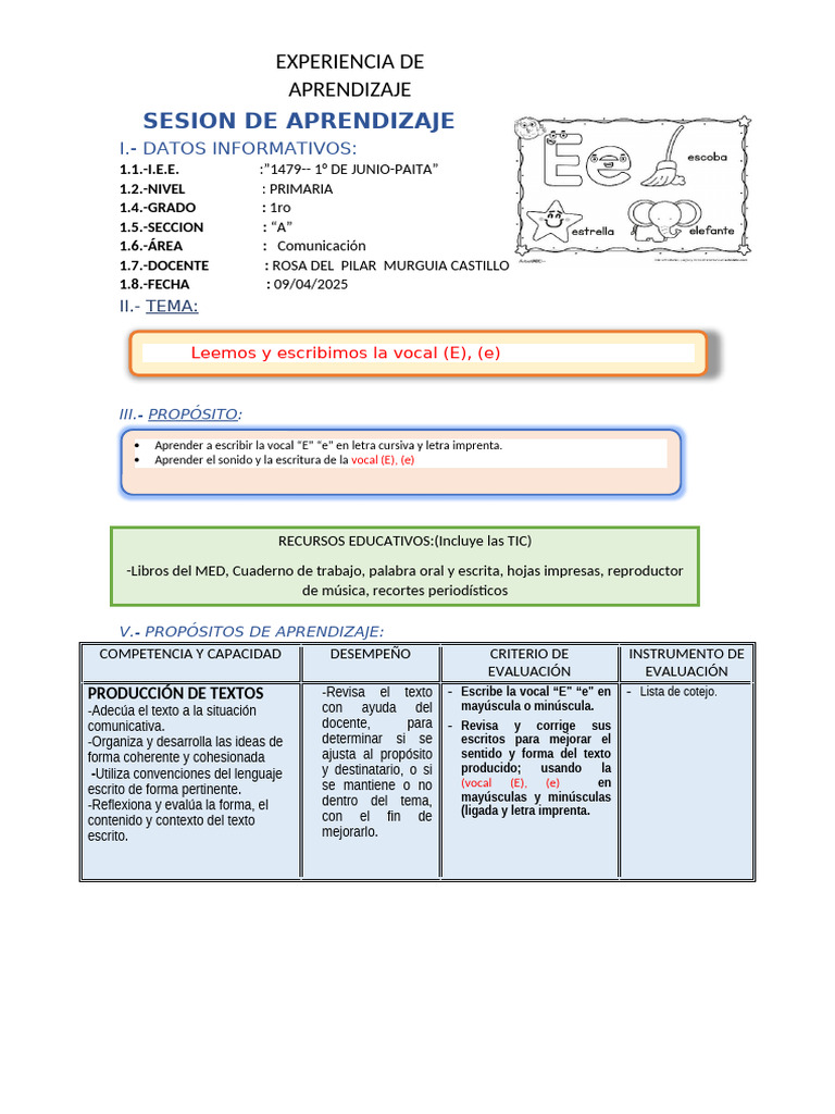 Aprendizaje de la Vocal E en Primaria | PDF | Caso de carta ...