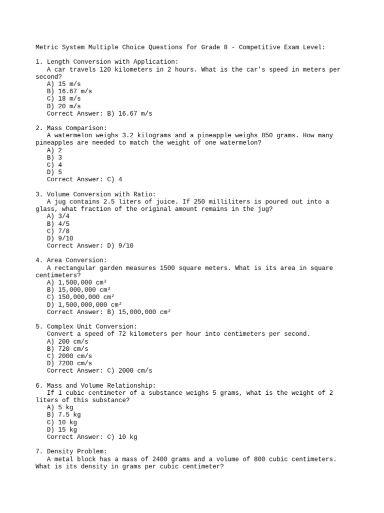 Metric System MCQ Questions | PDF | Litre | Kilogram