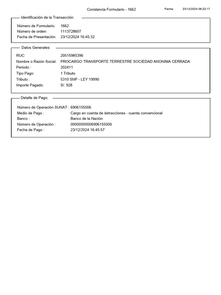 Pago PDT Plame Onp Nov-24 Procargo | PDF