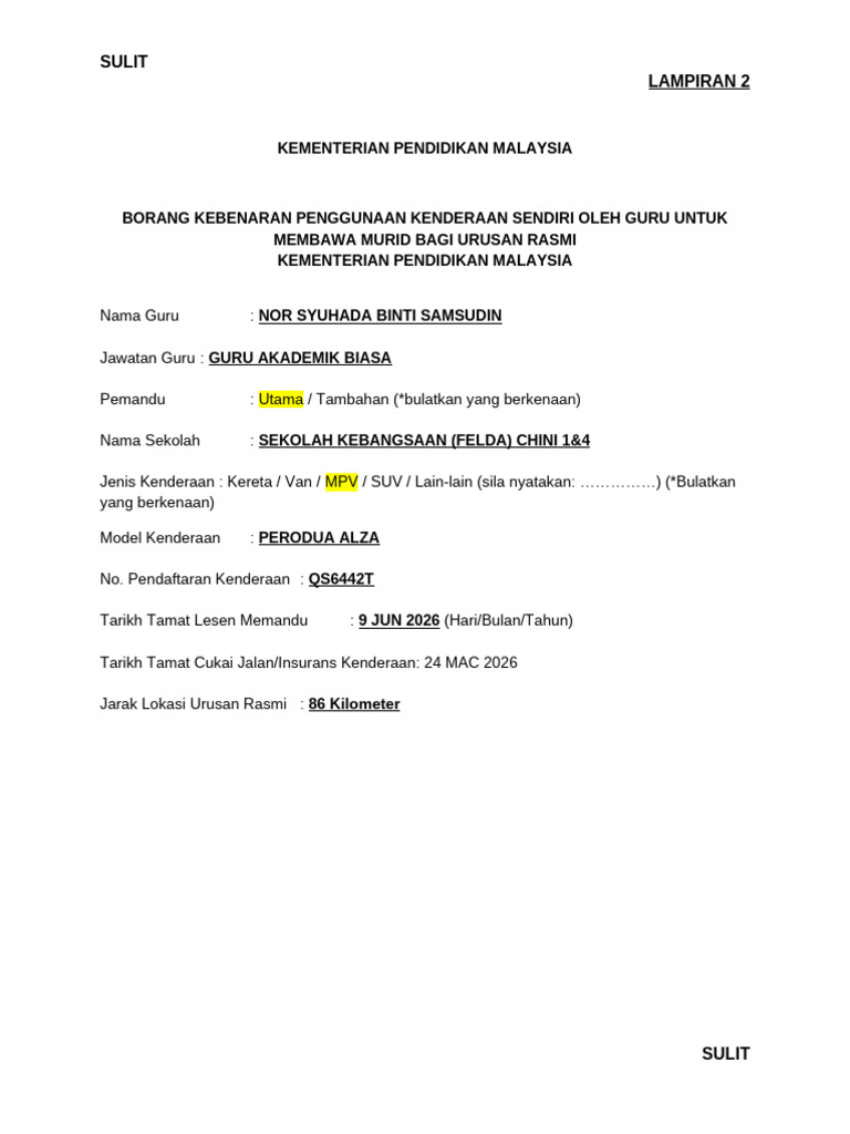 Borang Kebenaran Membawa Kenderaan Sendiri | PDF