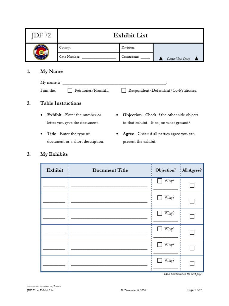Colorado JDF 72 Exhibit List Form | PDF | Mail | Public Services