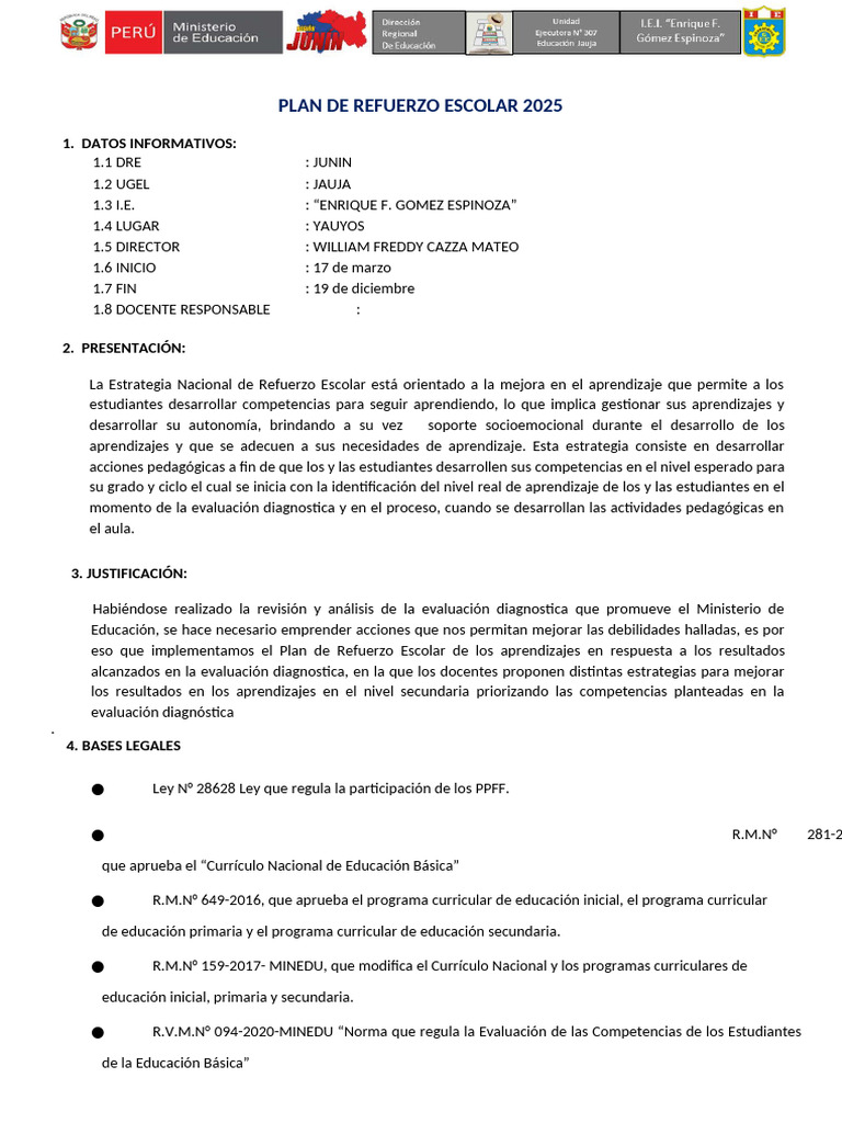 Plan de Refuerzo Escolar 2025 Primaria | PDF | Evaluación | Educación ...