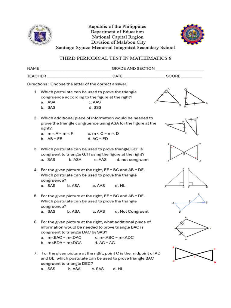 Math 8 Periodical Test Questions | PDF | Euclidean Geometry | Euclid