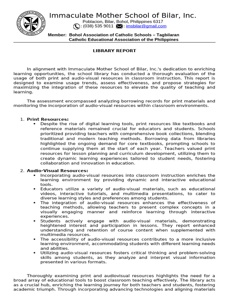 Library Resource Evaluation Report | PDF | Teaching Method | Learning