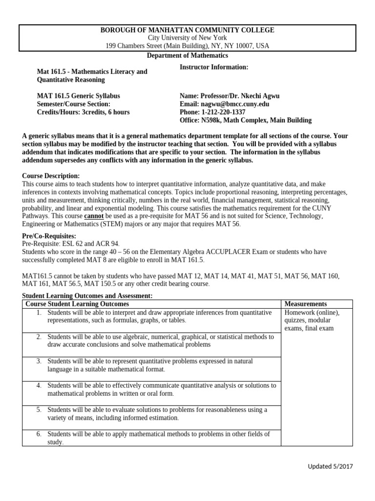 MAT 161.5: Math Literacy Syllabus | PDF | Statistics | Mathematics