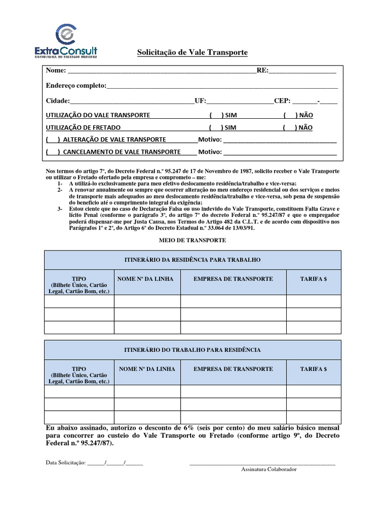 Solicitação de Vale Transporte | PDF