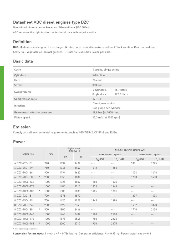 ABC DZC Diesel Engine Specifications | PDF | Diesel Engine | Electric Motor