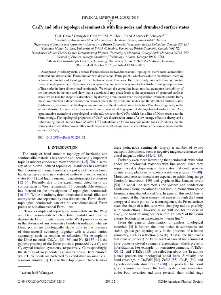 Ca3 P 2 and Other Topological Semimetals With Line Nodes and Drumhead ...