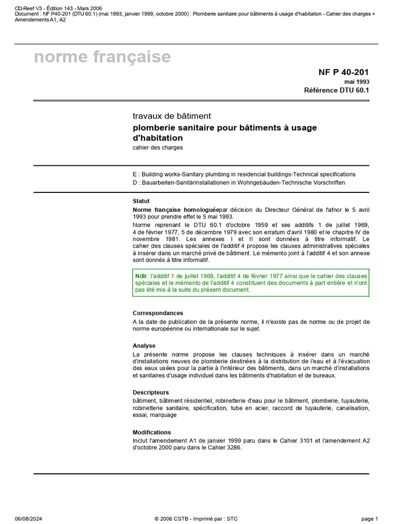 Norme DTU 60.1 : Plomberie Sanitaire | PDF | Tuyau | Émail (verre)