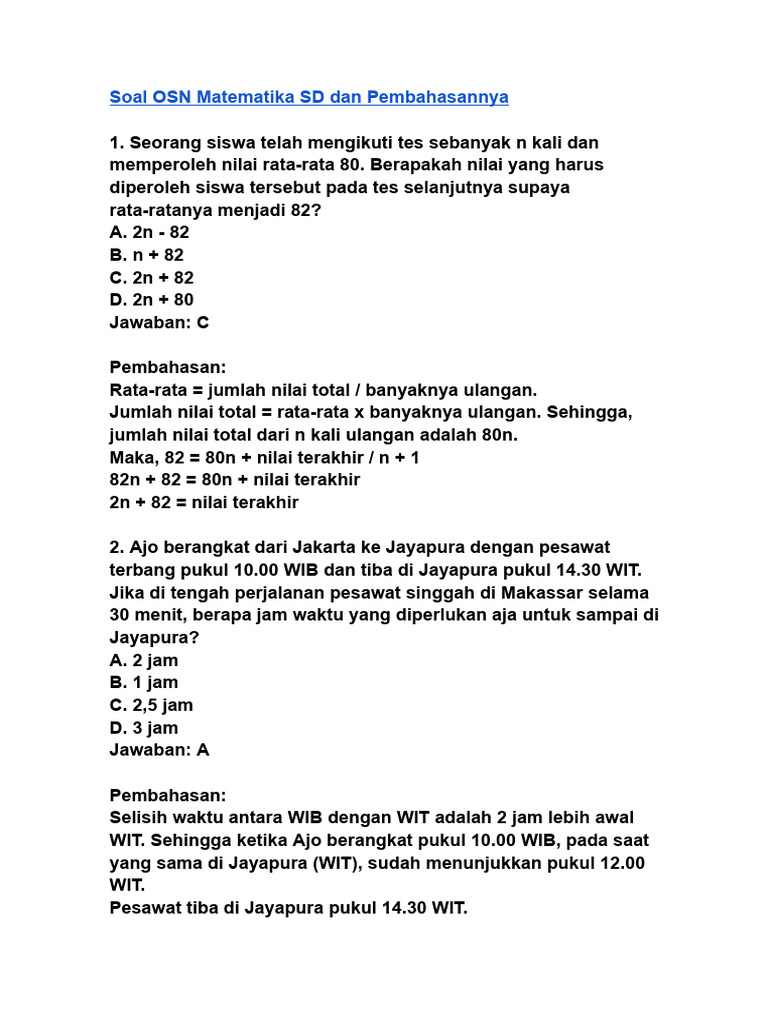 Soal Osn Matematika Sd Dan Pembahasannya Pdf