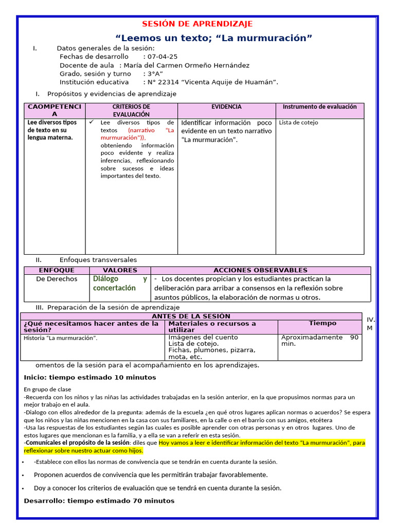 Sesion Plan Lector La Murmuración | PDF | Salón de clases | Comprensión ...