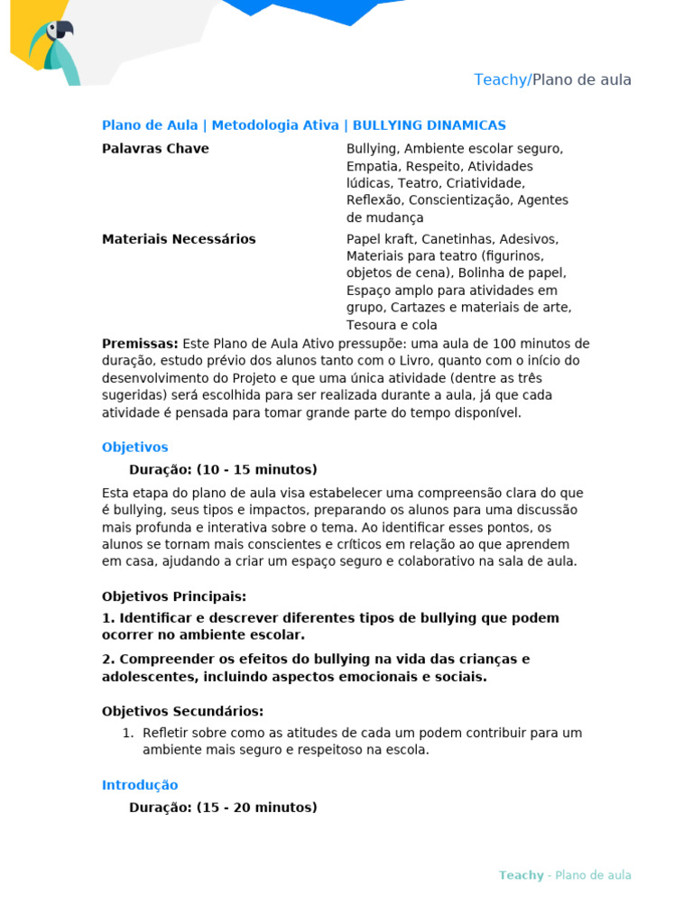 Plano de Aula sobre Bullying e Empatia | PDF | Assédio moral/bullying ...