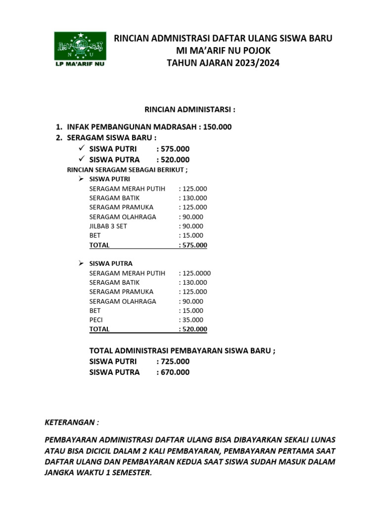 Rincian Biaya Daftar Ulang Siswa MI 2023 | PDF