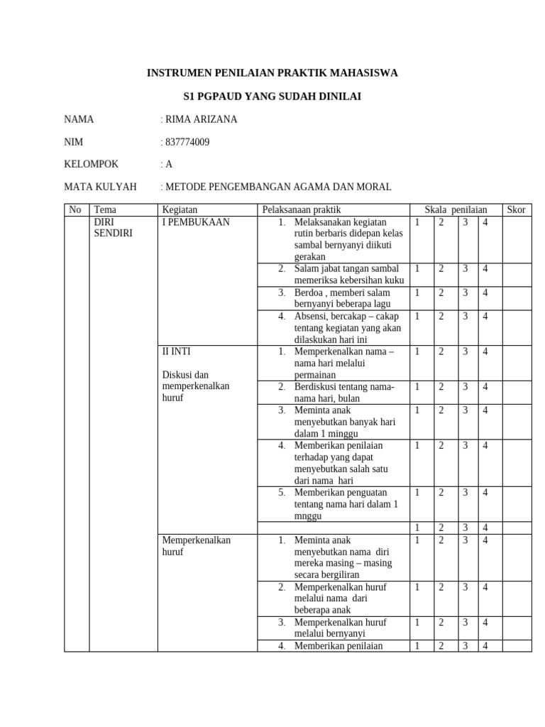 INSTRUMEN PENILAIAN PRAKTIK rima , ima sisipan | PDF
