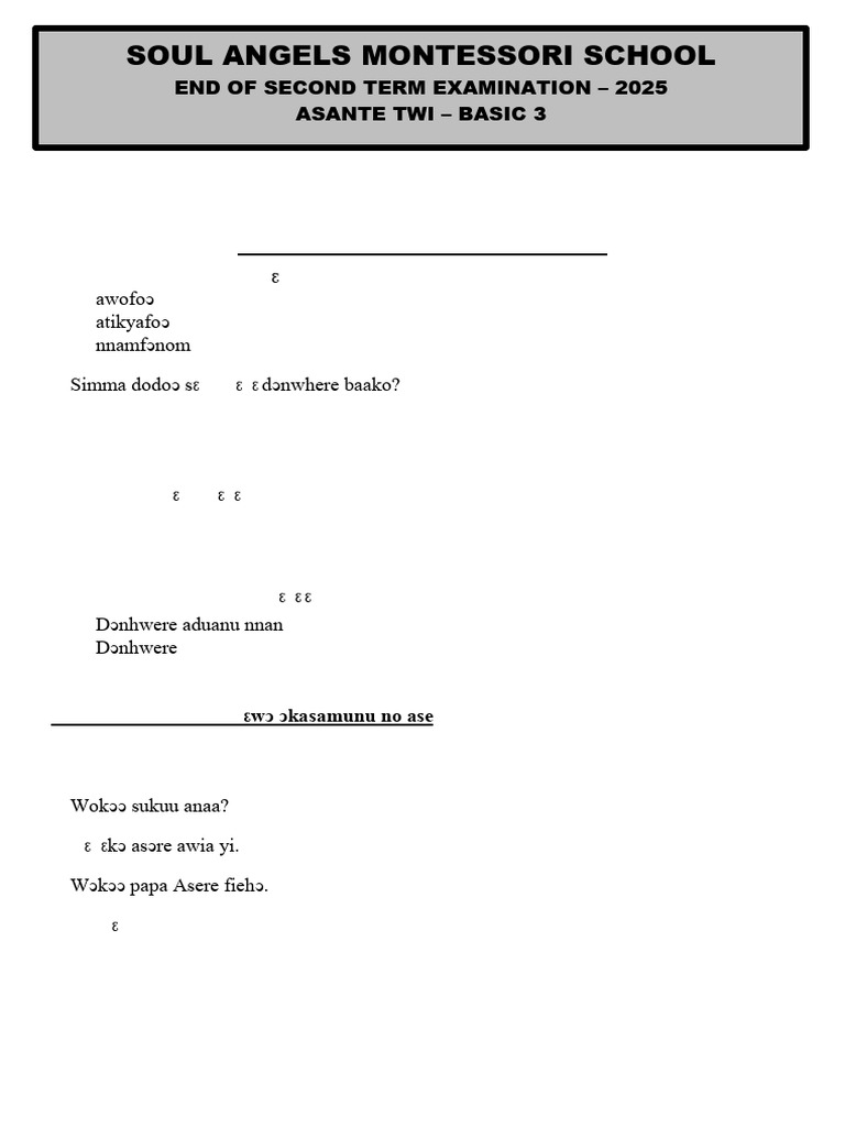 Asante Twi Exam for Basic 3 Students | PDF