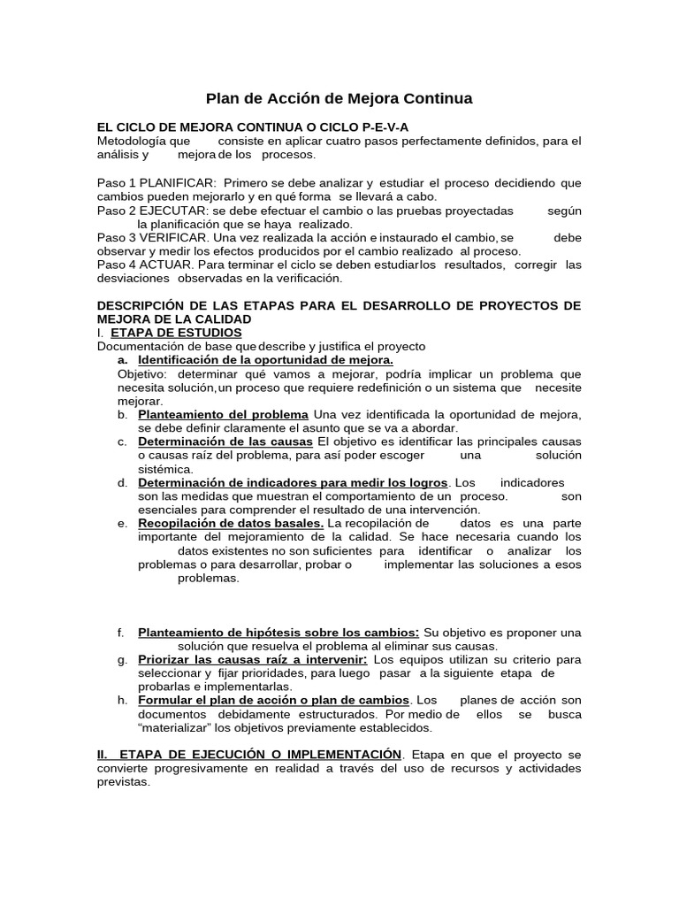 Plan de Acción para Mejora Continua | PDF | Planificación