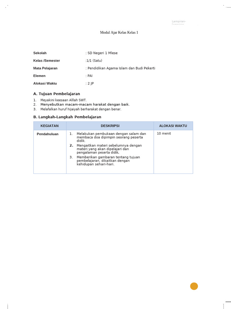 RPP Kumer Kelas 1 | PDF