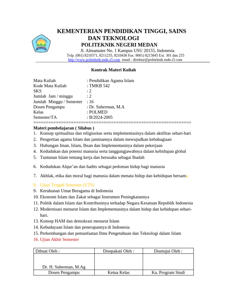 Silabus Pendidikan Agama Islam POLMED | PDF