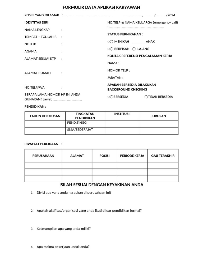 Formulir Data Aplikasi Karyawan 2024 | PDF