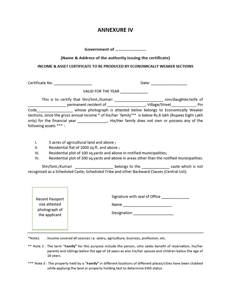 EWS Income & Asset Certificate Format | PDF