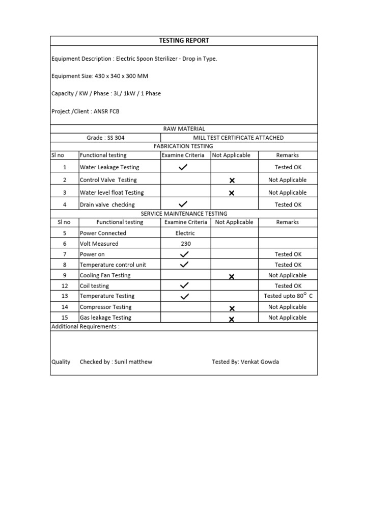 Electric Spoon Sterilizer Testing Report | PDF