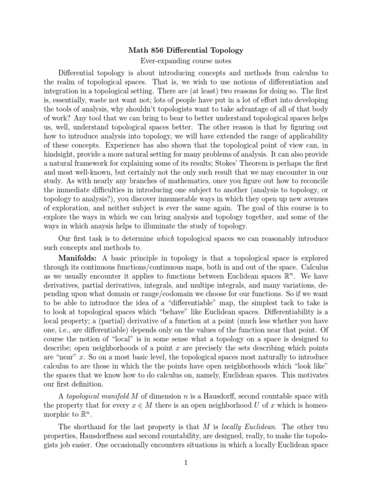 Math 856 Differential Topology: Which | PDF | Manifold | Differentiable ...