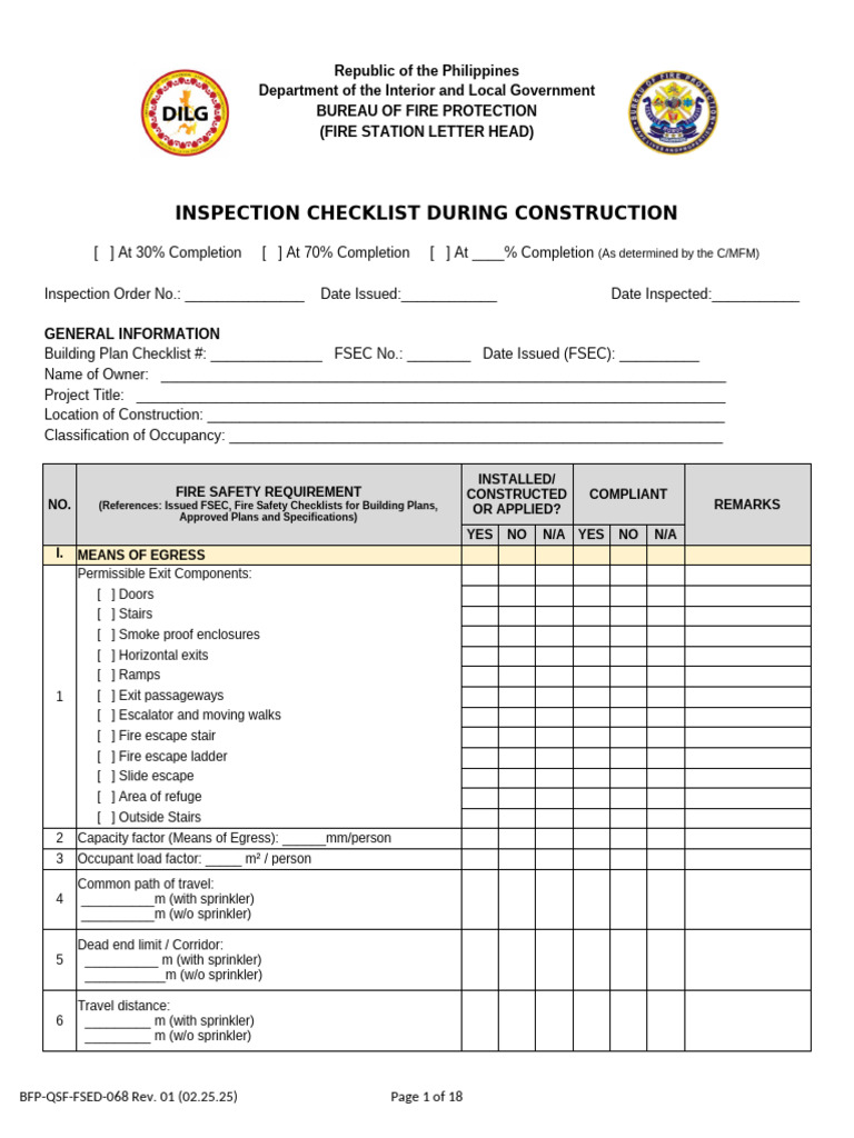 Fire Safety Inspection Checklist Template | PDF | Stairs | Door