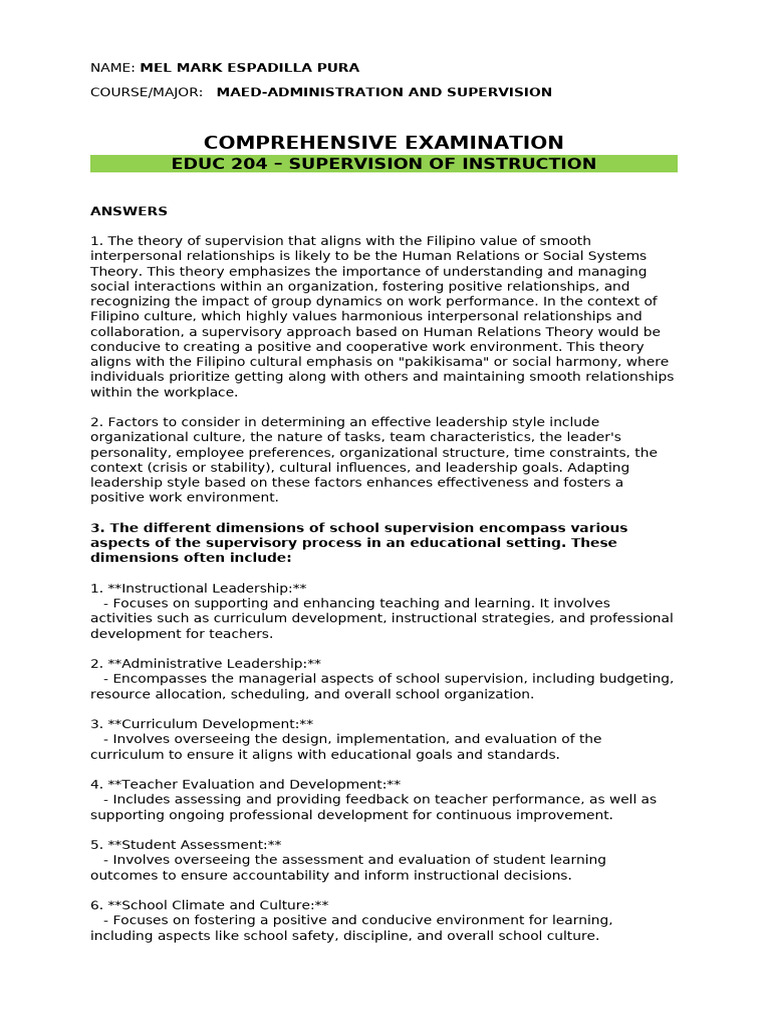 Educ 204 Supervision of Instruction | PDF | Teachers | Educational ...
