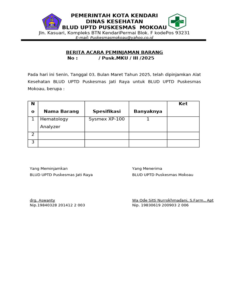 Berita Acara Peminjaman Alat Kesehatan | PDF