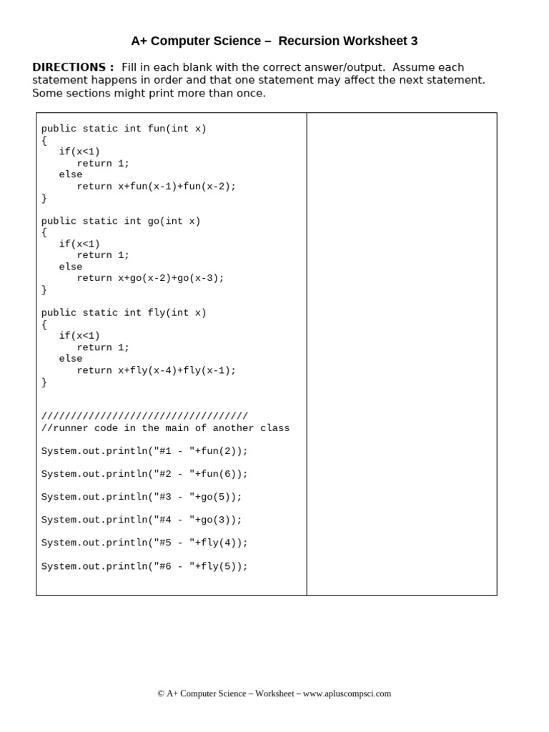 Recursion Worksheet for A+ Computer Science | PDF