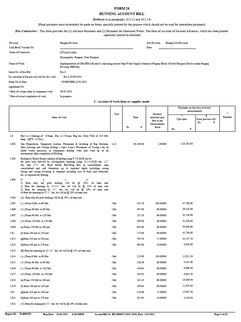 Raiganj Division Running Account Bill | PDF | Pipe (Fluid Conveyance ...