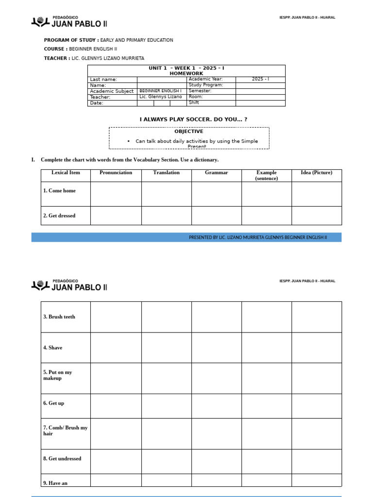 Beginner English II Homework Guide | PDF
