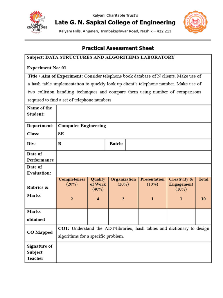 Student Practical Assessment Sheet DSAL 2024 25 | PDF | Applied ...