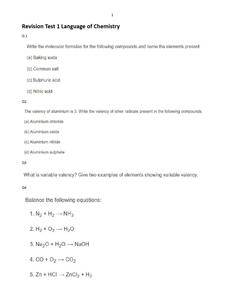 Revision Test 1 Solution Language of Chemistry | PDF